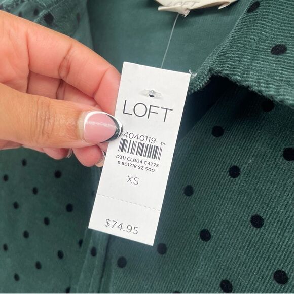 LOFT Women’s Green Black Velvet Dot Corduroy Everyday Button Front Shirt XS - Picture 6 of 14